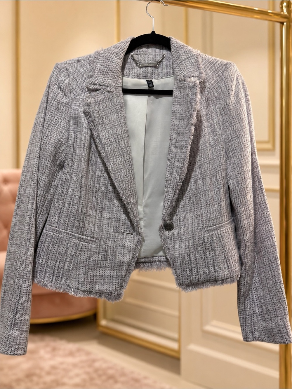 White House Black Market Gray Tweed Frayed-Hem Blazer